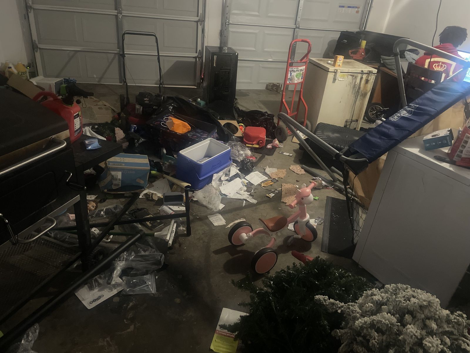 Cluttered garage before cleanout